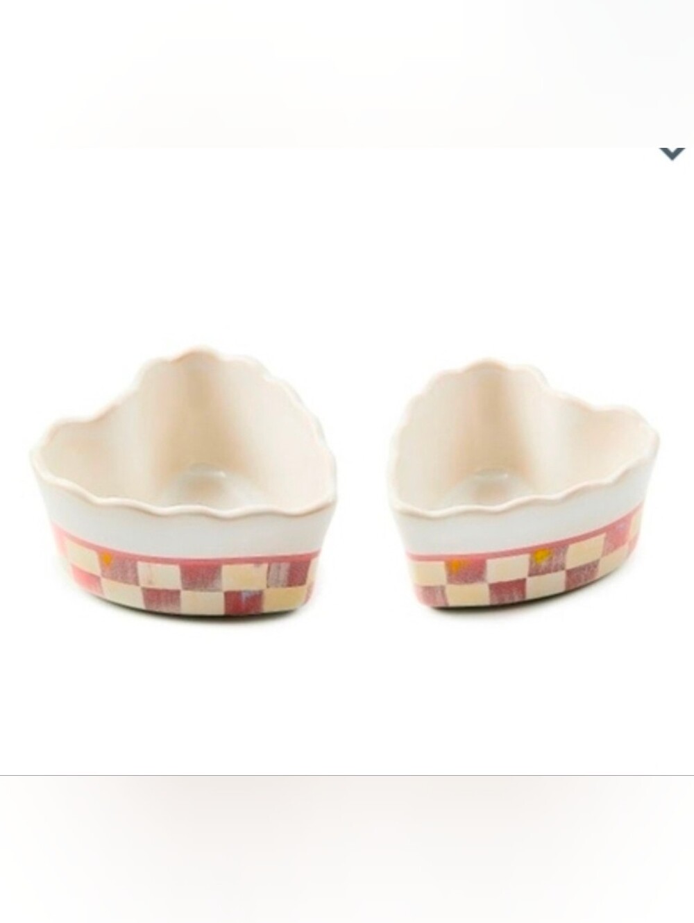 Mackenzie Childs Heart-Shaped Checkered Dish, Set of 2 - Cream & Rosy Check NIB